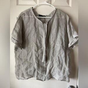 Eileen Fisher Light Gray Linen (Small) Button-Front Short Sleeve Top- PRETTY!